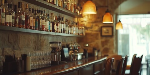 Wall Mural - the counter bar in a cosy old english or irish pub with lots of whisky bottles in the background