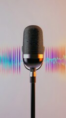 Poster - Professional vintage microphone is recording a colorful sound wave during a live performance or studio session, representing music, audio, broadcasting, and voice communication