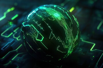 Poster - Glowing digital globe showcases intricate lines symbolizing encrypted data, enveloped by abstract circuit patterns in vibrant neon blue and green