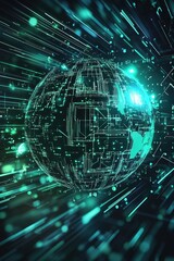 Poster - A glowing digital globe showcases encrypted data lines surrounded by abstract circuit patterns. The neon green and blue tones create a modern, secure atmosphere, providing ample space