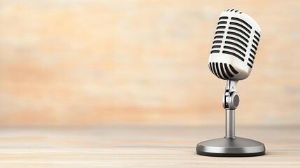 Poster - Classic microphone is placed on a wooden surface, evoking the atmosphere of a recording studio or a live performance venue, ready to capture vocals or spoken words