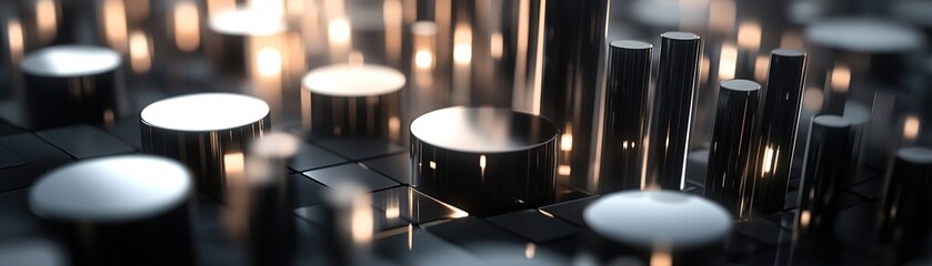 Poster - This tech-inspired background showcases intricate 3D bar graphs and floating data points in matte black and metallic finishes. Soft glowing accents enhance the modern feel