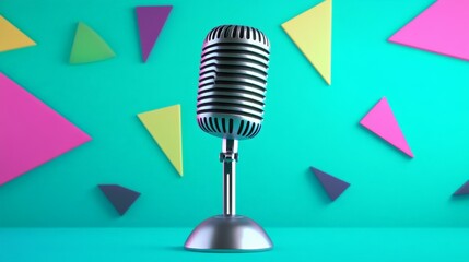 Poster - Silver vintage microphone standing on a turquoise stage with colorful triangles in the background, creating a vibrant and playful atmosphere for music, singing, or comedy performances