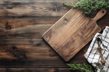 Aufkleber - Empty cutting board with rosemary sprigs on rustic wooden table