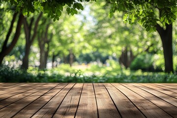 Aufkleber - Empty wooden table with blurred green park in background