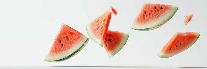 Aufkleber - Several slices of a ripe red watermelon with black seeds are levitating on a clean white background, creating a refreshing and vibrant summer scene