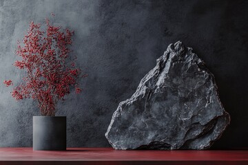 Poster - Red plant and stone creating a modern minimalist still life on a shelf