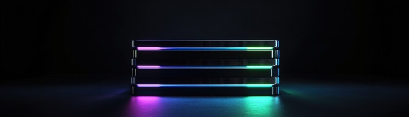 Poster - This abstract background showcases stacked server-like blocks illuminated with vibrant neon lights in blue, green, and purple. Positioned on a matte black surface, the ample negative space