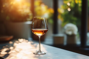 Poster - Glass of rose wine sitting on table in warm sunlight