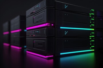 Poster - This composition features stacked server-like blocks illuminated with neon accents in blue, green, and purple