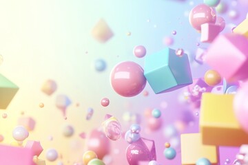 Poster - glossy 3d geometric shapes including spheres, cubes, and cones appear to float in a whimsical arrang