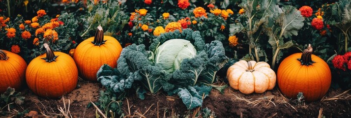Aufkleber - Lush vegetable garden featuring rows of vibrant pumpkins, cabbages, and flowers adorned with rich colors under clear skies. Generative AI