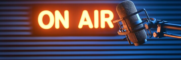 Poster - Professional microphone recording a song or voice in a radio station with illuminated orange on air sign, representing broadcasting, communication, and live performance