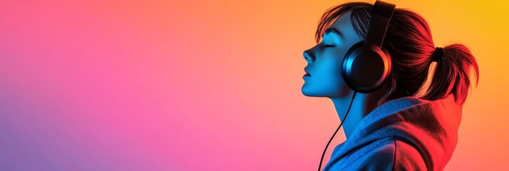 Leinwandbilder - Profile of a young woman wearing over ear headphones, immersed in music, against a vibrant, gradient backdrop of pink, orange, and purple hues, creating a modern and stylish atmosphere