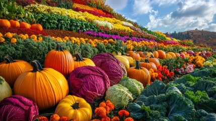Aufkleber - Lush vegetable garden featuring vibrant pumpkins, healthy cabbages, and fresh carrots in full bloom during sunny weather. Generative AI