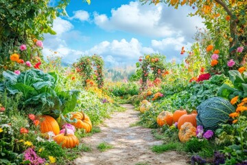 Aufkleber - Lush vegetable garden featuring rows of carrots, cabbages, and vibrant pumpkins under a bright blue sky. Generative AI