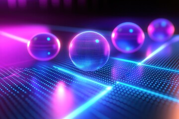 Poster - This vibrant tech-themed backdrop features 3D spheres illuminated with neon blue and purple hues against a sleek dark surface. Ideal for presentations or digital projects, it offers a spacious layout
