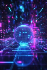 Poster - This digital composition features a tech-inspired abstract design showcasing 3D spheres surrounded by vibrant neon lines and a grid of glowing data points