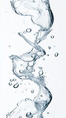 Poster - Crystal clear water stream flowing and splashing with bubbles on a plain white background, creating a refreshing and pure visual, ideal for projects related to water purity, hydration, and nature