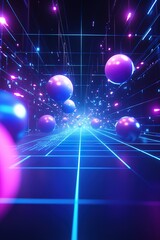 Poster - This captivating abstract tech background presents a dynamic view of 3D spheres floating among data grids and vibrant neon lines in shades of blue and purple
