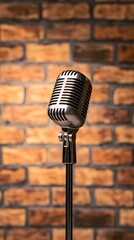 Poster - Classic microphone awaits a singer, comedian, or speaker, set against a rustic brick wall, creating a nostalgic atmosphere for musical performances, comedy shows, or spoken word events