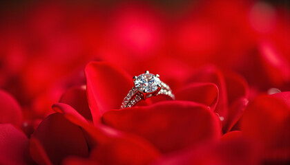 Diamond ring resting on red rose petals, symbolizing love and luxury in a romantic setting