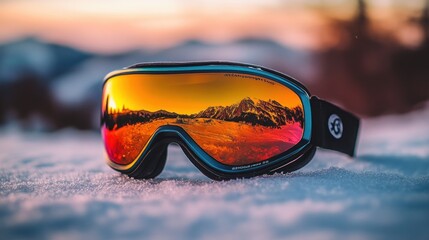 Poster - Ski goggles reflecting sunset mountainscape on snow.