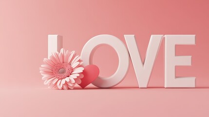 Poster - White 3d love lettering decorated with pink gerbera flower and heart shape standing on pink background conveys feelings of affection and romance for valentine's day, mother's day or spring season