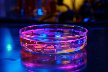 Poster - Petri dish with yellow liquid and pink bubbles is reflecting on a blue surface