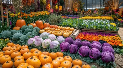 Aufkleber - Vibrant vegetable garden showcasing rows of fresh carrots, cabbages, and pumpkins during a sunny day. Generative AI