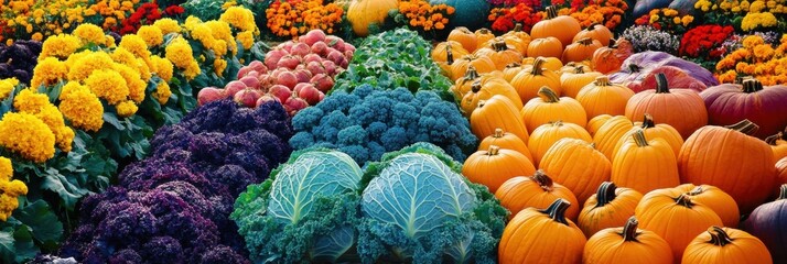 Poster - Vibrant vegetable garden showcasing rows of fresh carrots, cabbages, and pumpkins during a sunny afternoon. Generative AI