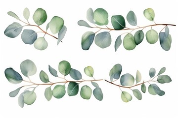 Wall Mural - Green Eucalyptus Watercolor Banner for Invitations and Wedding Decor. Elegant Isolated Frame with Floral Leaf Decoration. (AR 3:2)