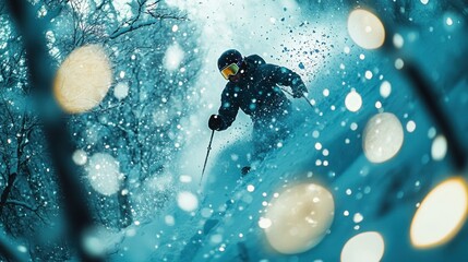 Wall Mural - Skier carving through fresh powder snow in winter forest.