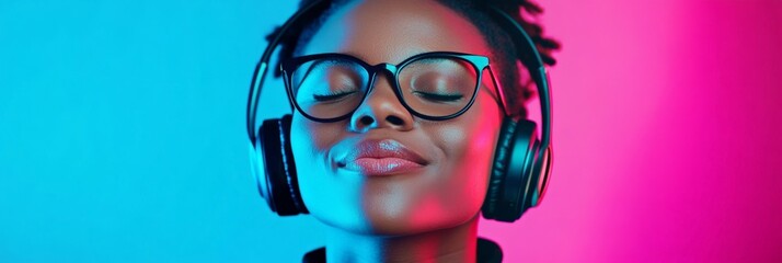 Leinwandbilder - Close up portrait of a young woman wearing glasses and headphones, immersed in music with closed eyes, bathed in vibrant neon pink and blue lighting, creating a modern and stylish atmosphere