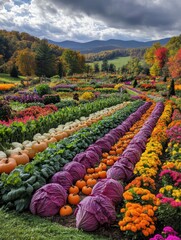Aufkleber - Vibrant vegetable garden showcasing rows of carrots, cabbages, and pumpkins with a backdrop of scenic mountains. Generative AI