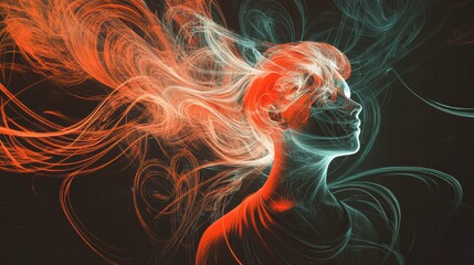 Aufkleber - Person surrounded by swirling lines and abstract shapes in a colorful representation of thought and emotion. Generative AI