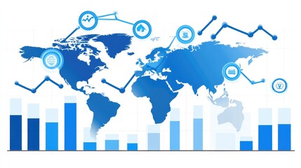 Poster - world map with graphs and data points in blue, on a white background.