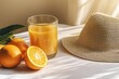 © Viktoriia - Bright oranges and refreshing juice beside straw hat create sunn