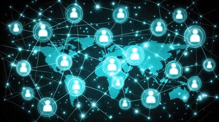 Poster - Network of people icons connected by lines over a world map on a dark background.