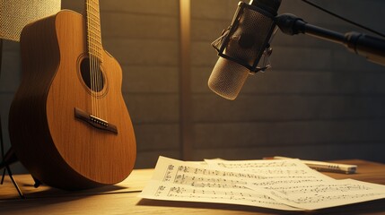 Aufkleber - Professional condenser microphone recording music in a home studio with acoustic guitar, music sheets, and warm lamp light creating a cozy atmosphere