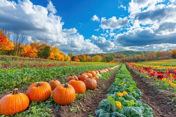 Poster - Lush vegetable garden showcasing rows of carrots, cabbages, and pumpkins under a bright blue sky. Generative AI