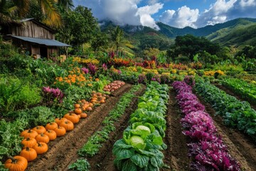 Poster - Vibrant vegetable garden featuring rows of carrots, cabbages, and pumpkins in a lush landscape under a blue sky. Generative AI