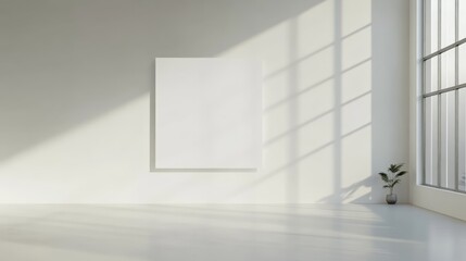 Aufkleber - Minimalist interior with a large blank canvas on a white wall, bathed in natural sunlight from a window, perfect for displaying artwork or design concepts