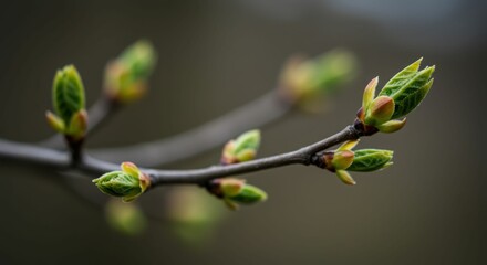 Close-up of fresh green buds on a branch in springtime