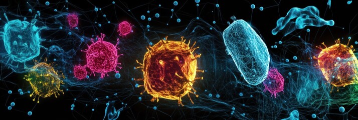 Fototapete - Visualization of antibodies attacking pathogens in a dynamic multi colored representation with intricate details. Generative AI