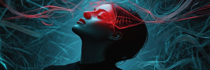 Fototapete - Person immersed in colorful abstract shapes and swirling lines at a creative event in an artistic space. Generative AI