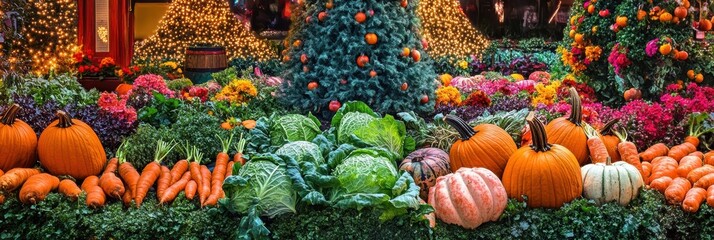 Poster - Lush vegetable garden showcasing vibrant carrots, fresh cabbages, and ripe pumpkins amid blooming flowers. Generative AI