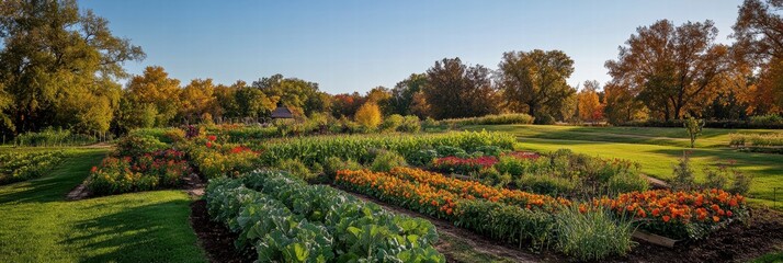 Aufkleber - Lush vegetable garden featuring vibrant rows of carrots, cabbages, and pumpkins in autumn sunlight. Generative AI