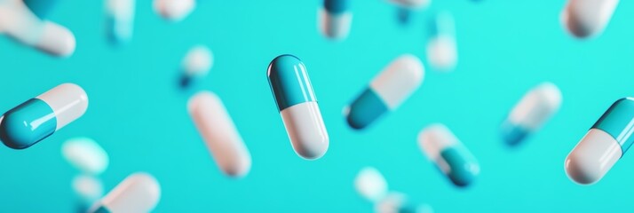 Poster - Several blue and white medicine capsules are falling against a vibrant turquoise background, creating a dynamic visual representation of pharmaceuticals, healthcare, and medical treatment