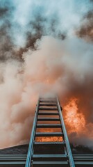 Poster - Firefighters using a ladder are bravely battling flames and thick smoke while executing a dangerous rescue mission at a burning building, showcasing their skill and courage